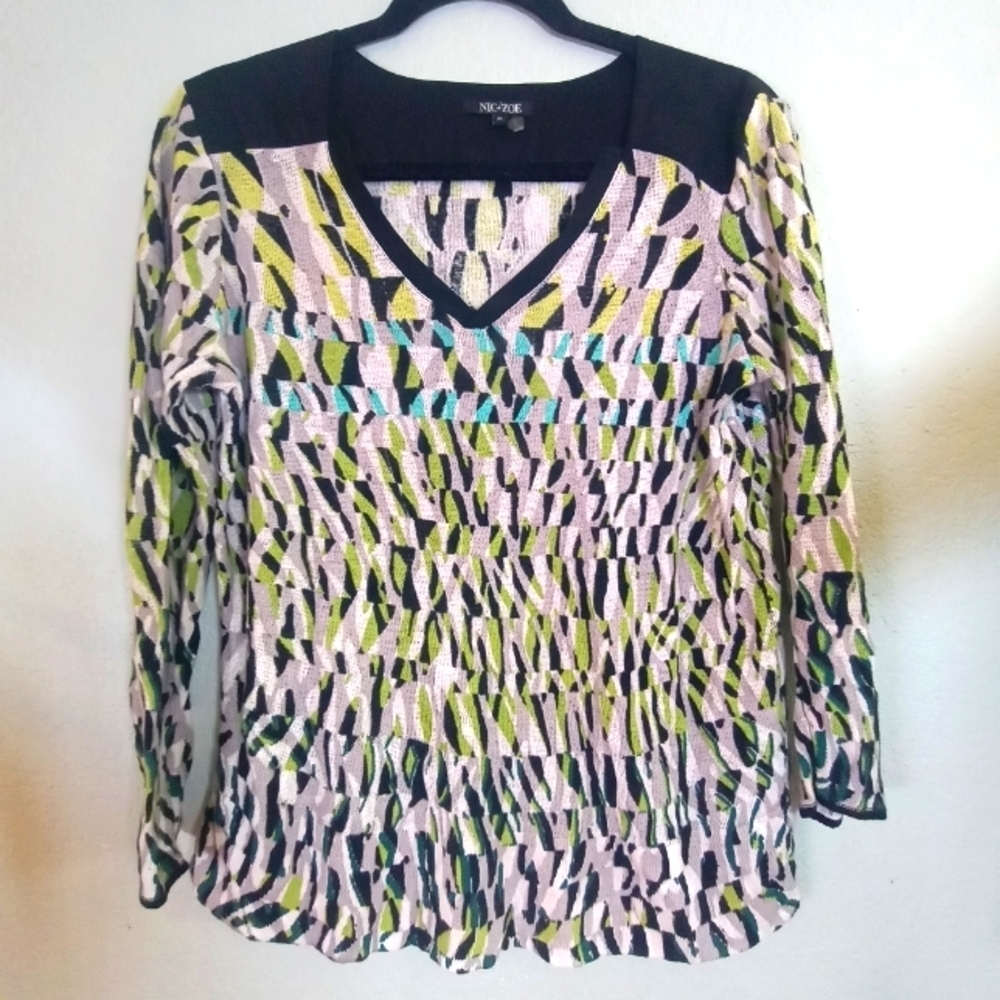 Nic + Zoe Linen Viscose Blend Sheer Knit Mixed Media Casual Silky Sweater Shirt